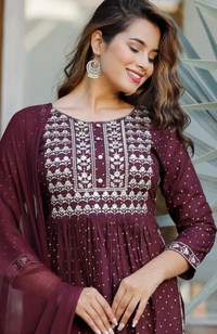 Beautiful Sequence Zari Computer Embroidered work With Kurti With Pant And Chifon Dupatta - Maroon, XL