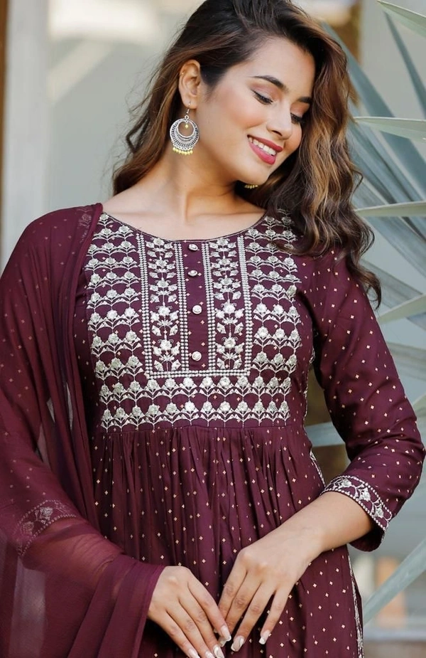 Beautiful Sequence Zari Computer Embroidered work With Kurti With Pant And Chifon Dupatta - Maroon, XL