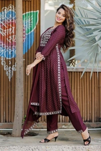 Beautiful Sequence Zari Computer Embroidered work With Kurti With Pant And Chifon Dupatta - Maroon, XL