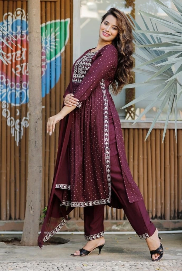 Beautiful Sequence Zari Computer Embroidered work With Kurti With Pant And Chifon Dupatta - Maroon, XL