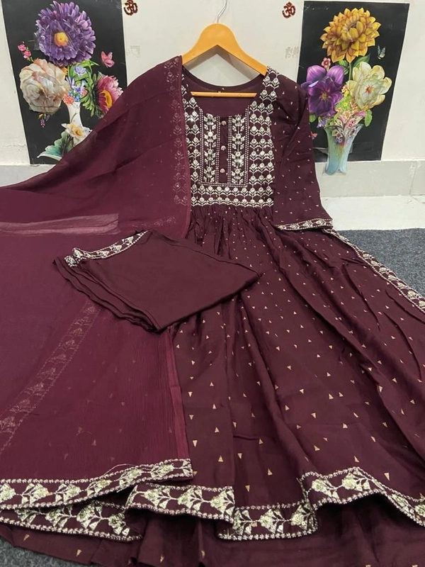 Beautiful Sequence Zari Computer Embroidered work With Kurti With Pant And Chifon Dupatta - Maroon, XL