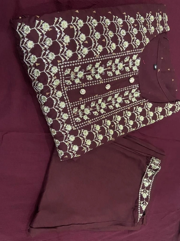 Beautiful Sequence Zari Computer Embroidered work With Kurti With Pant And Chifon Dupatta - Maroon, XL