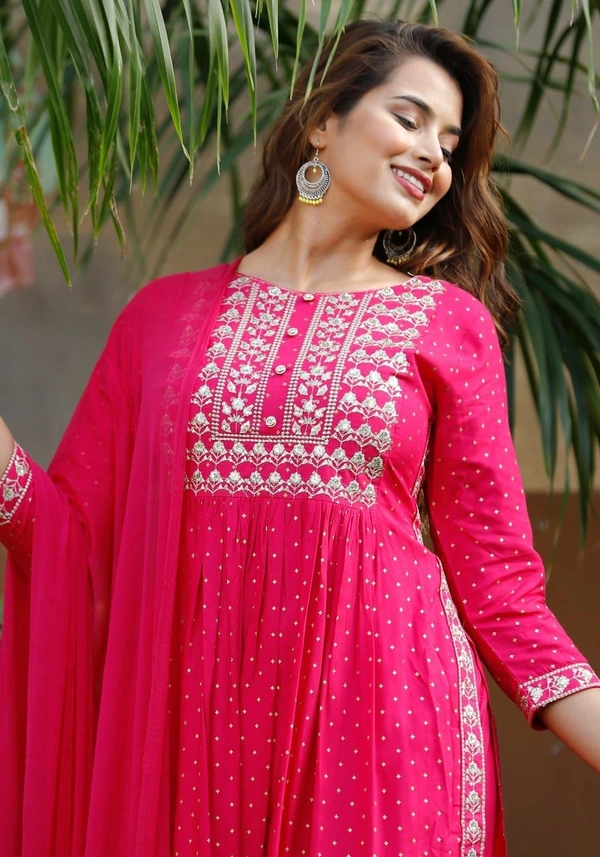 Beautiful Sequence Zari Computer Embroidered work With Kurti With Pant And Chifon Dupatta - Pink, XXL