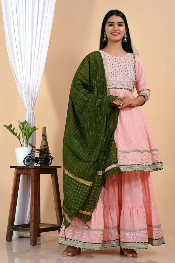 Premium heavy cotton lurex designer tire pattern gown with side slit detailed with heavy gota work all over. - Green Dupatta And Work, M