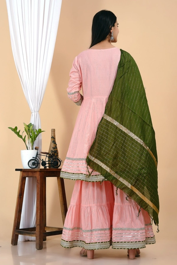 Premium heavy cotton lurex designer tire pattern gown with side slit detailed with heavy gota work all over. - Green Dupatta And Work, M