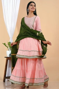 Premium heavy cotton lurex designer tire pattern gown with side slit detailed with heavy gota work all over. - Green Dupatta And Work, M