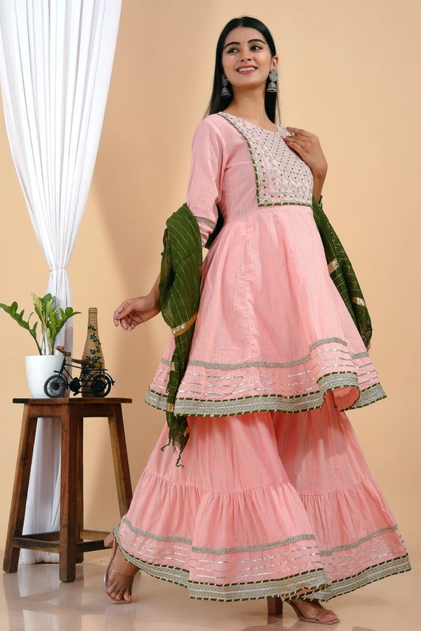 Premium heavy cotton lurex designer tire pattern gown with side slit detailed with heavy gota work all over. - Green Dupatta And Work, M