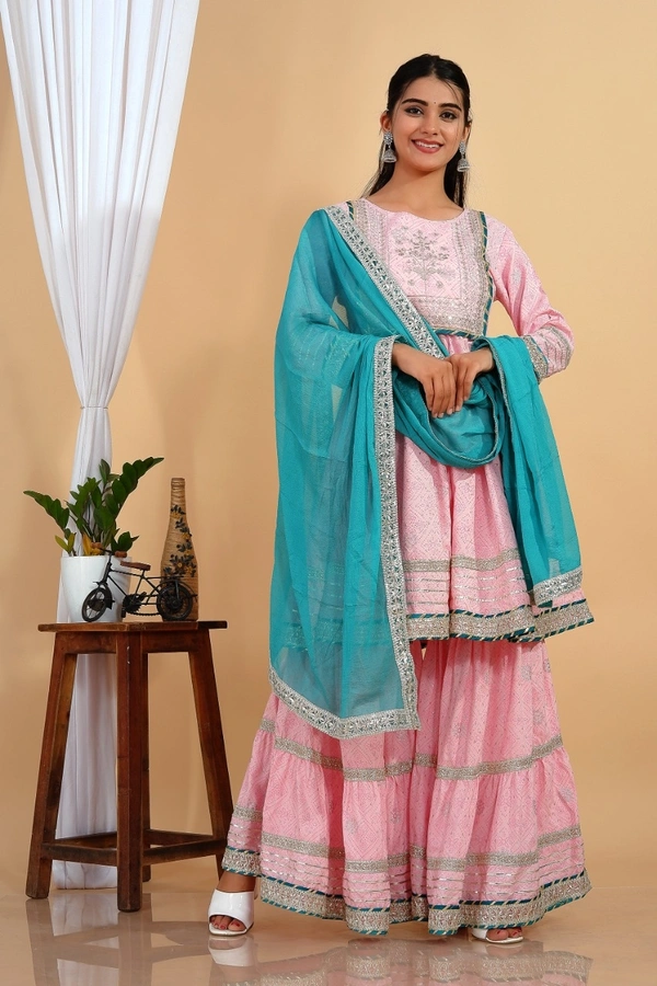 Premium heavy cotton lurex designer tire pattern gown with side slit detailed with heavy gota work all over. - Sky Dupatta And Work, L