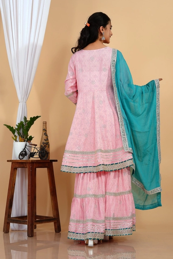 Premium heavy cotton lurex designer tire pattern gown with side slit detailed with heavy gota work all over. - Sky Dupatta And Work, XL