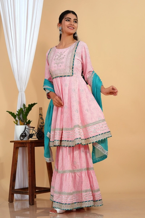 Premium heavy cotton lurex designer tire pattern gown with side slit detailed with heavy gota work all over. - Sky Dupatta And Work, XL