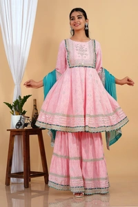 Premium heavy cotton lurex designer tire pattern gown with side slit detailed with heavy gota work all over. - Sky Dupatta And Work, XXL