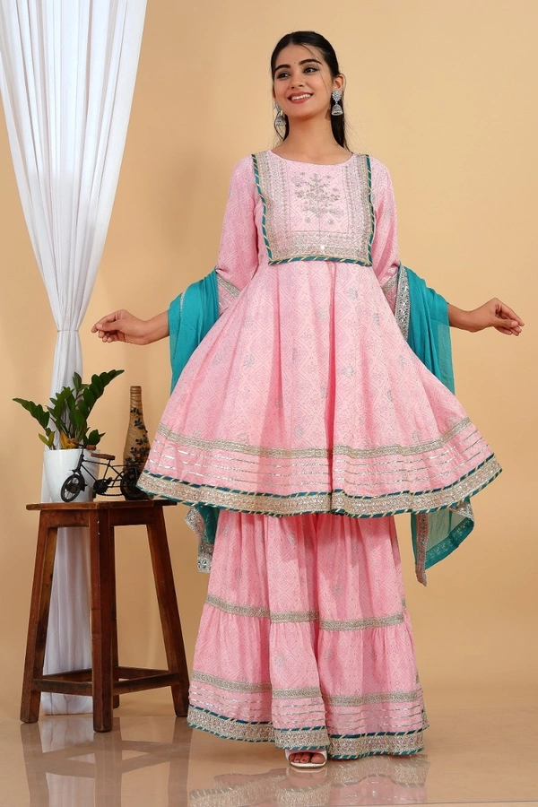 Premium heavy cotton lurex designer tire pattern gown with side slit detailed with heavy gota work all over. - Sky Dupatta And Work, XXL
