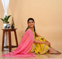 Premium heavy cotton lurex designer tire pattern gown with side slit detailed with heavy gota work all over. - XL