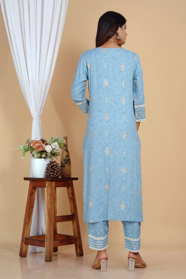 Reyon fabric fine quality kurti neck heavy embroidery sequence work nd heavy cotton gotta lesh work with Dupptta and pant - L