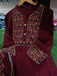 Beautiful Heavy Embroidery kurti with pant And beautiful matching Embroidery Bag 3 piece set - Maroon, M