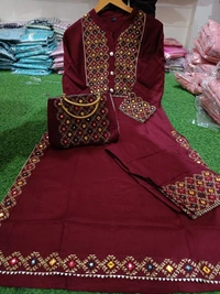 Beautiful Heavy Embroidery kurti with pant And beautiful matching Embroidery Bag 3 piece set - Maroon, M