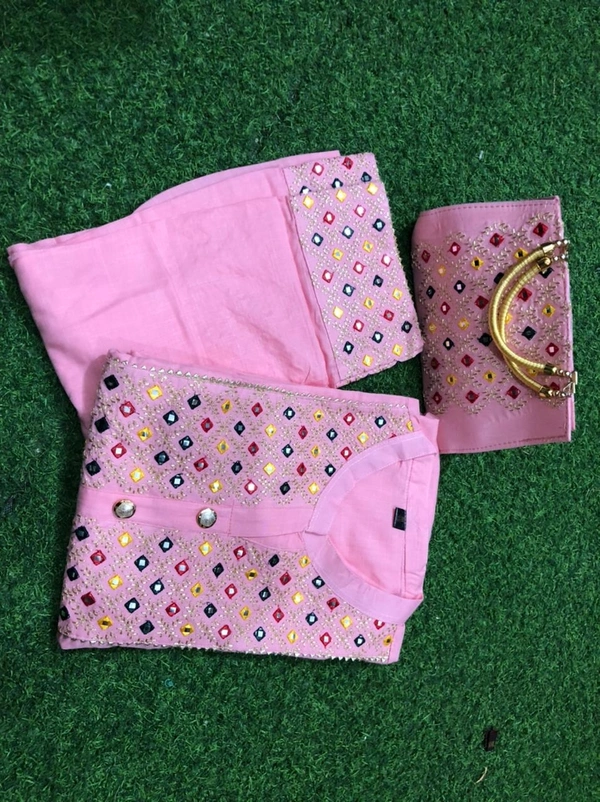 Beautiful Heavy Embroidery kurti with pant And beautiful matching Embroidery Bag 3 piece set - Pink, L
