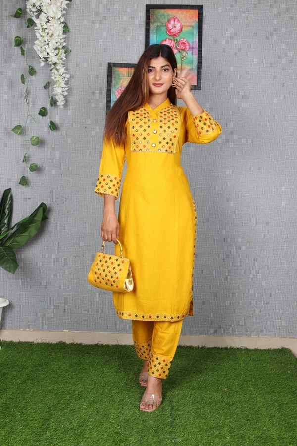 Beautiful Heavy Embroidery kurti with pant And beautiful matching Embroidery Bag 3 piece set - Yellow, L
