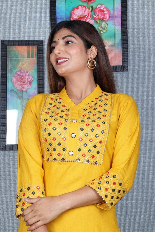 Beautiful Heavy Embroidery kurti with pant And beautiful matching Embroidery Bag 3 piece set - Yellow, XL
