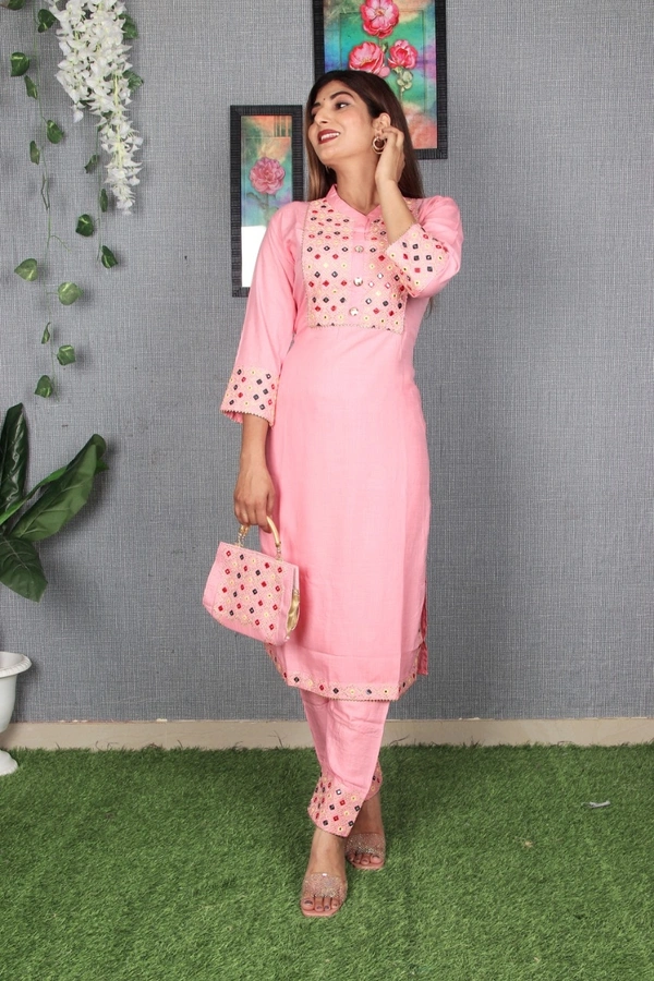 Beautiful Heavy Embroidery kurti with pant And beautiful matching Embroidery Bag 3 piece set - Pink, XXL
