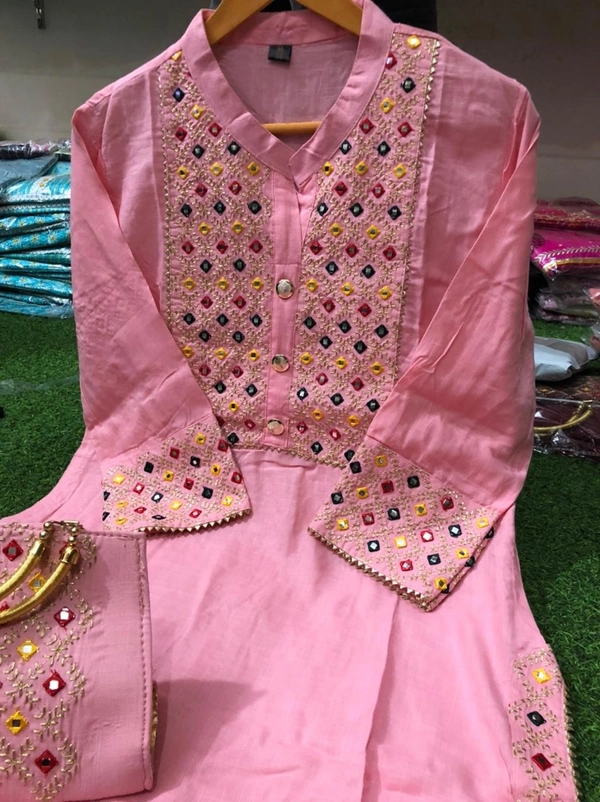 Beautiful Heavy Embroidery kurti with pant And beautiful matching Embroidery Bag 3 piece set - Pink, XXL