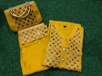 Beautiful Heavy Embroidery kurti with pant And beautiful matching Embroidery Bag 3 piece set - Yellow, XXL
