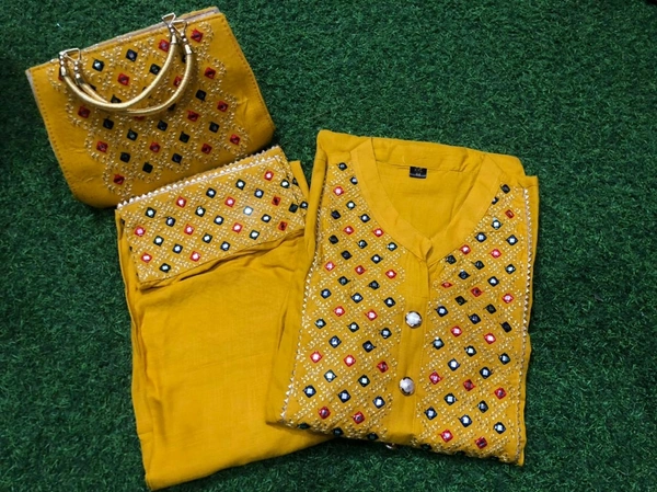 Beautiful Heavy Embroidery kurti with pant And beautiful matching Embroidery Bag 3 piece set - Yellow, XXL