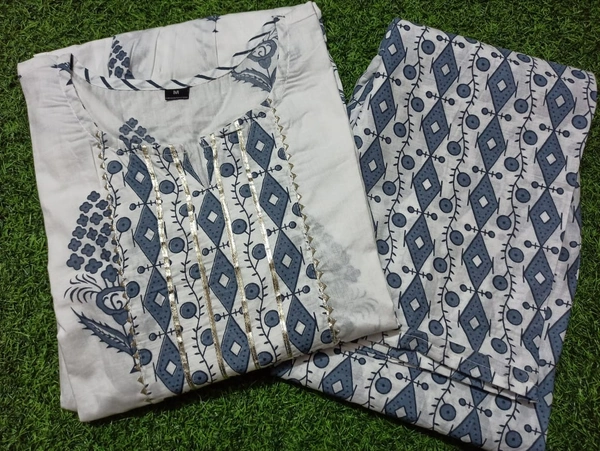 Look stylish in our new Hand Block print Long slit Cotton 60'60 kurta pant set for all day comfort - L, Blue
