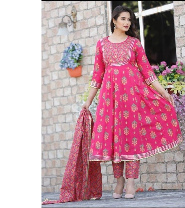 Anarkali Kurti With Pant With Dupatta  - Pink, XL