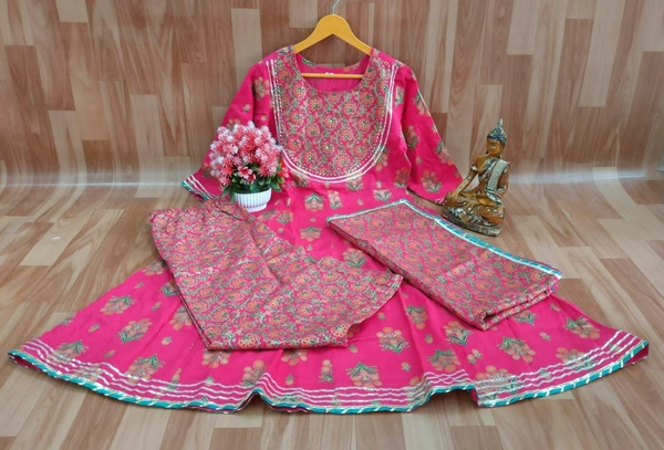 Anarkali Kurti With Pant With Dupatta  - Pink, XL