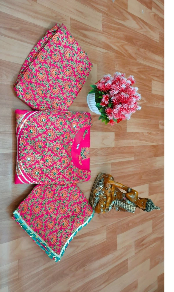 Anarkali Kurti With Pant With Dupatta  - Pink, XL