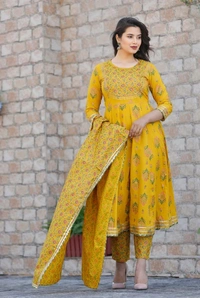 Anarkali Kurti With Pant With Dupatta  - Pink, M