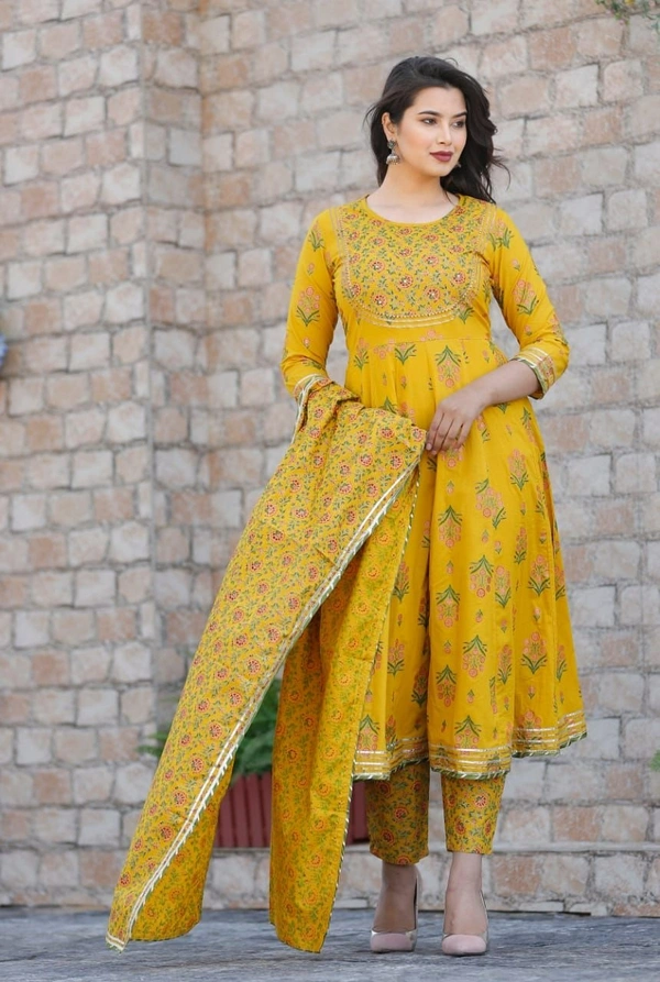 Anarkali Kurti With Pant With Dupatta  - Yellow, M