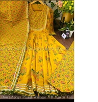 Anarkali Kurti With Pant With Dupatta  - Yellow, M