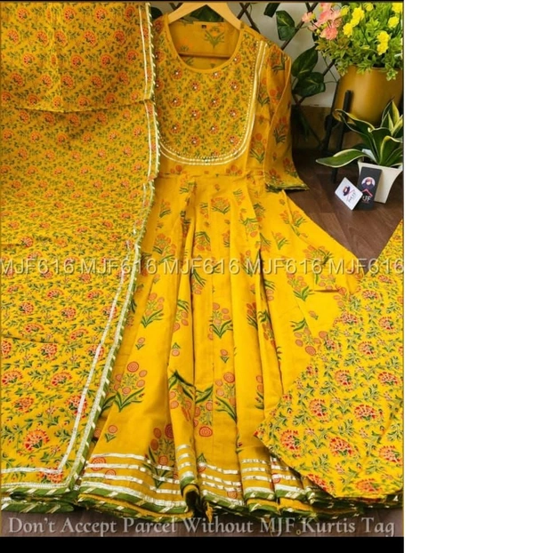 Anarkali Kurti With Pant With Dupatta  - Yellow, M