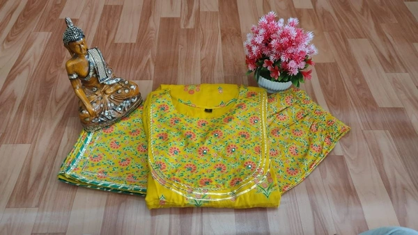 Anarkali Kurti With Pant With Dupatta  - Yellow, M