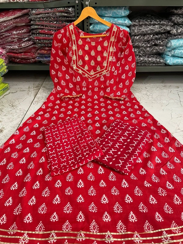 Lomg Flair Kurti With Pant* - Red, XL
