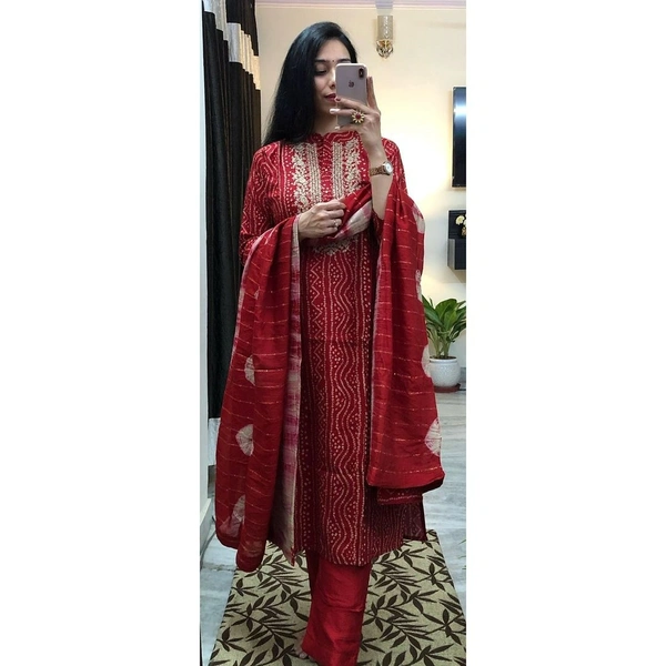 Bhandhani suit set with embroidered work on the neck with dyed sequin work duppta with gotta lace work.  - M