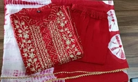Bhandhani suit set with embroidered work on the neck with dyed sequin work duppta with gotta lace work.  - M
