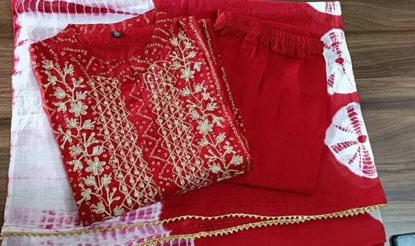 Bhandhani suit set with embroidered work on the neck with dyed sequin work duppta with gotta lace work.  - M