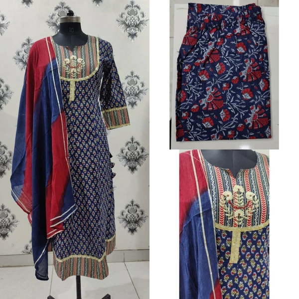Beautiful Floral Printed Flairy Pattern Kurti with Full Length And Hand Butta In Front With Pant With Pant and Tie - Dye  Dupatta - L