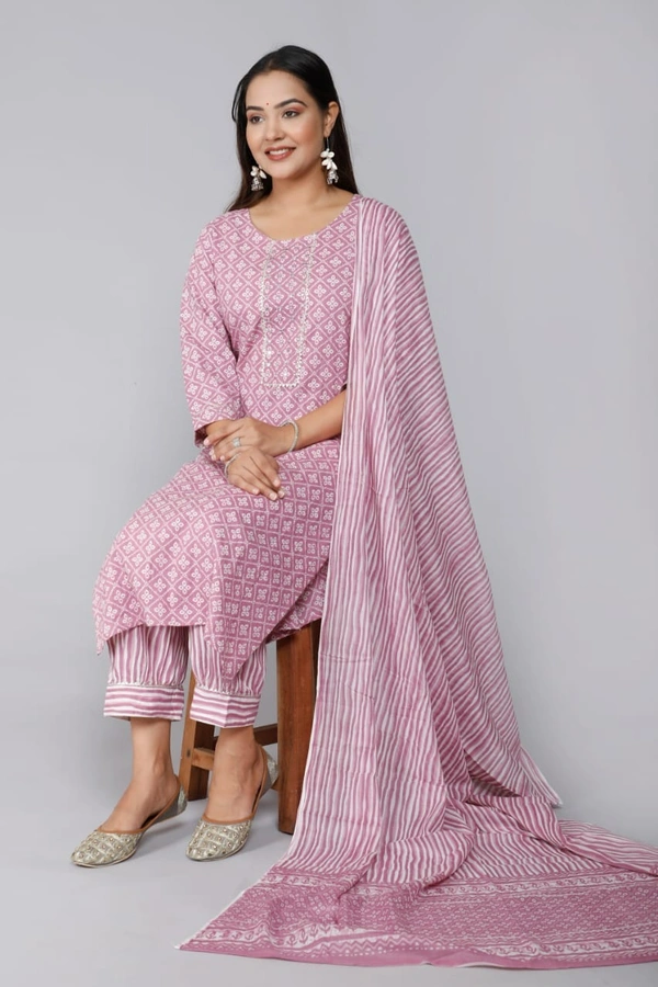 Cotton printed kurti pant dupatta set   - M
