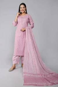 Cotton printed kurti pant dupatta set   - M