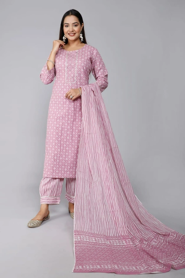 Cotton printed kurti pant dupatta set   - M