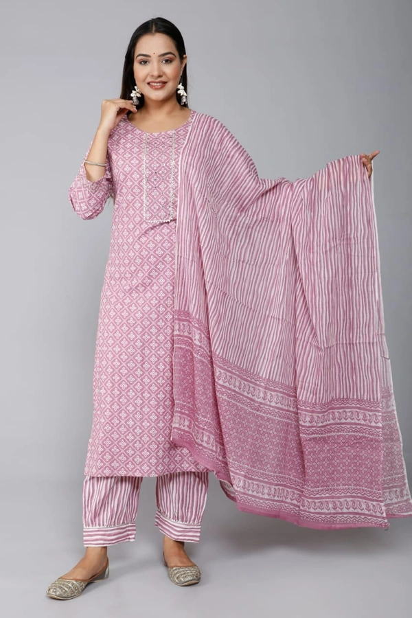 Cotton printed kurti pant dupatta set   - M