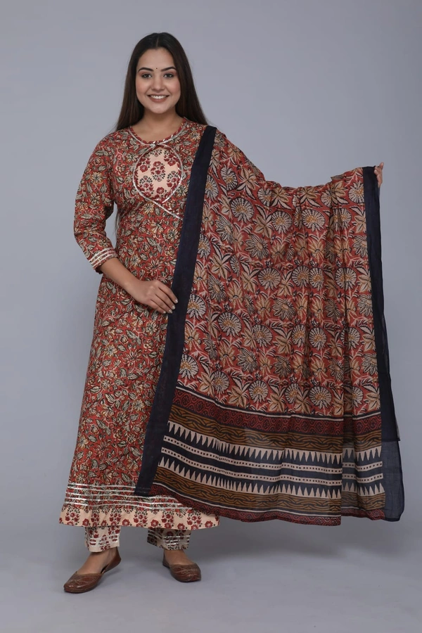 premium pure cotton frock style kurti with pants with duptta heavy less work paired ap with cotton pants with lace bagru print - L