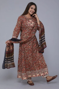 premium pure cotton frock style kurti with pants with duptta heavy less work paired ap with cotton pants with lace bagru print - L