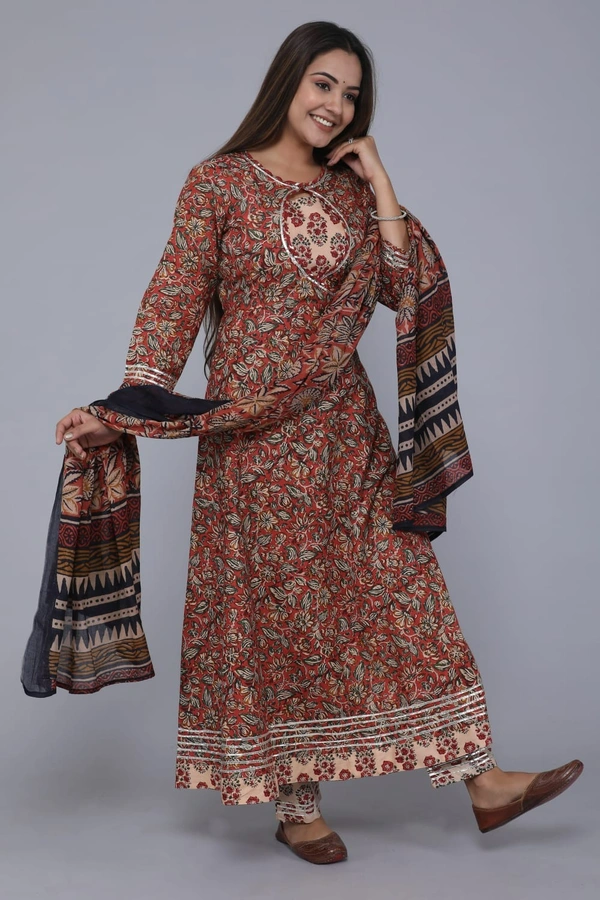 premium pure cotton frock style kurti with pants with duptta heavy less work paired ap with cotton pants with lace bagru print - L