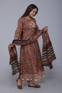 premium pure cotton frock style kurti with pants with duptta heavy less work paired ap with cotton pants with lace bagru print - L