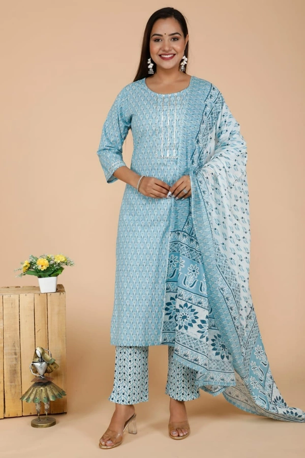 PURE COTTON sanganery PRINT KURTI WITH PANT WITH DUPTTA HEAVY lessEMBROIDERED YOKE - L